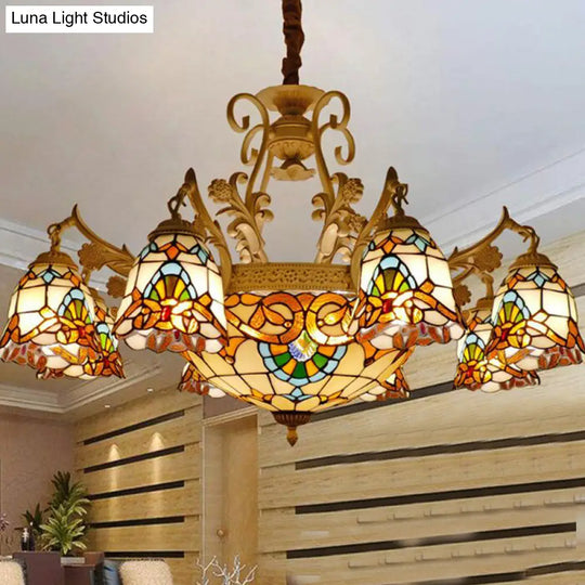 9/11-Light Tiffany Stained Glass Flower Chandelier - White/Gold Suspension Lighting