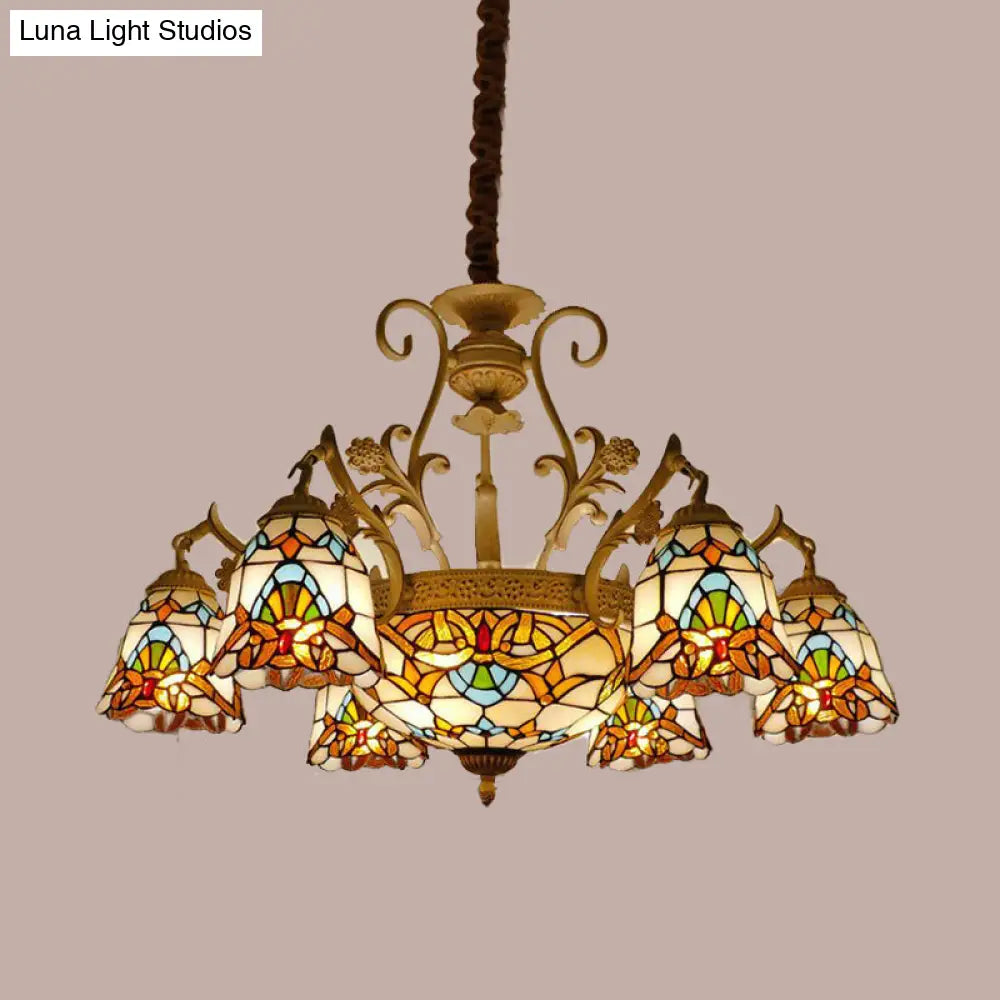 9/11-Light Tiffany Stained Glass Flower Chandelier - White/Gold Suspension Lighting