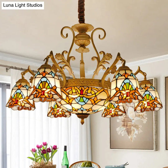 Tiffany Stained Glass Flower Chandelier Light - White And Gold Suspension Lighting With 9/11 Lights