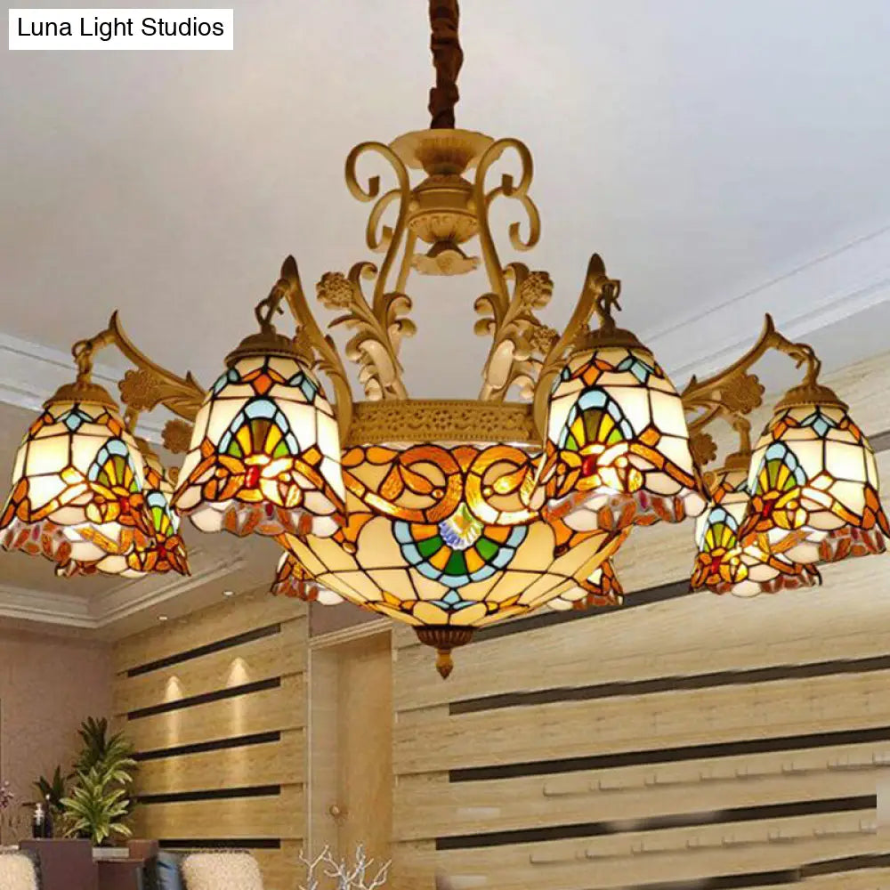 Tiffany Stained Glass Flower Chandelier Light - White And Gold Suspension Lighting With 9/11 Lights