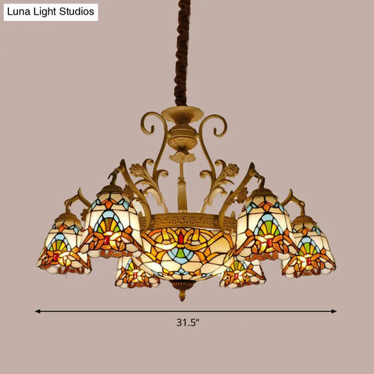 Tiffany Stained Glass Flower Chandelier Light - White And Gold Suspension Lighting With 9/11 Lights