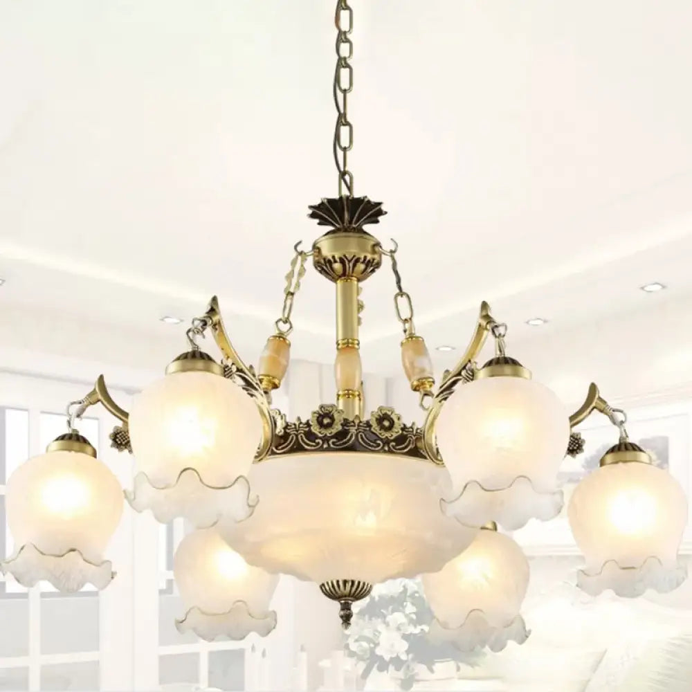 9-Bulb Frosted White Glass Chandelier Lamp In Bronze - Traditional Floral Pendant Light Fixture