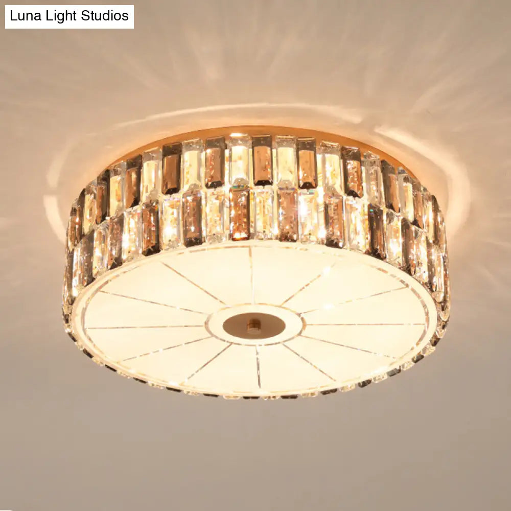 9 - Bulb Gold Drum Bedroom Flush Mount Lamp With K9 Crystal And Glass Diffuser