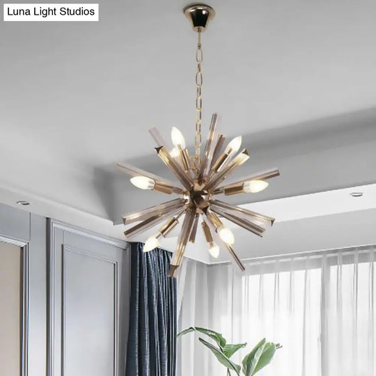 Modern Brass Starburst Chandelier - 9-Light Living Room Pendant With Crystal Beveled Shade