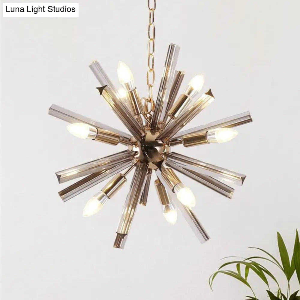 Modern Brass Starburst Chandelier - 9-Light Living Room Pendant With Crystal Beveled Shade