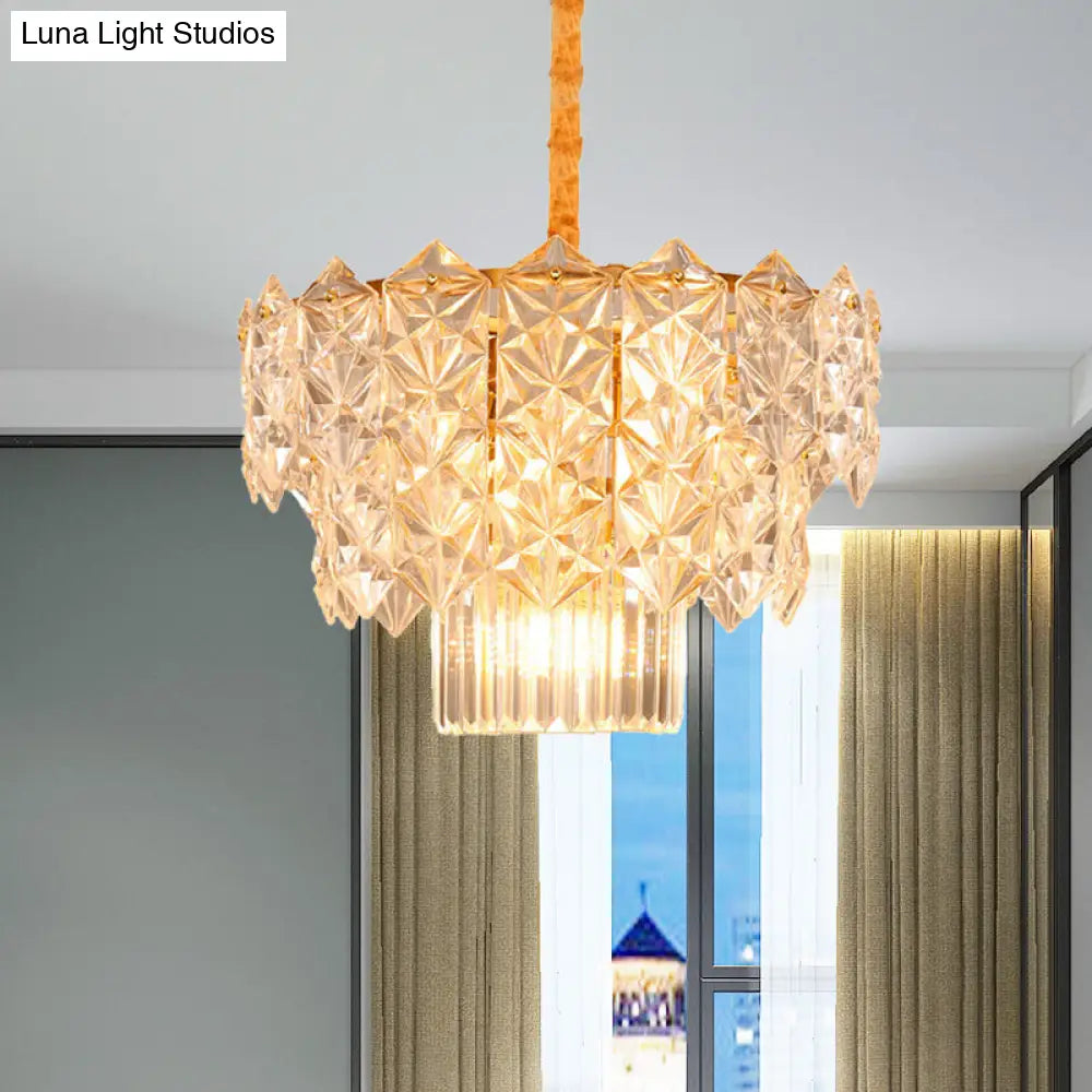 9-Head Crystal Flute Chandelier: Modern Gold Drum Hanging Light Fixture For Dining Room