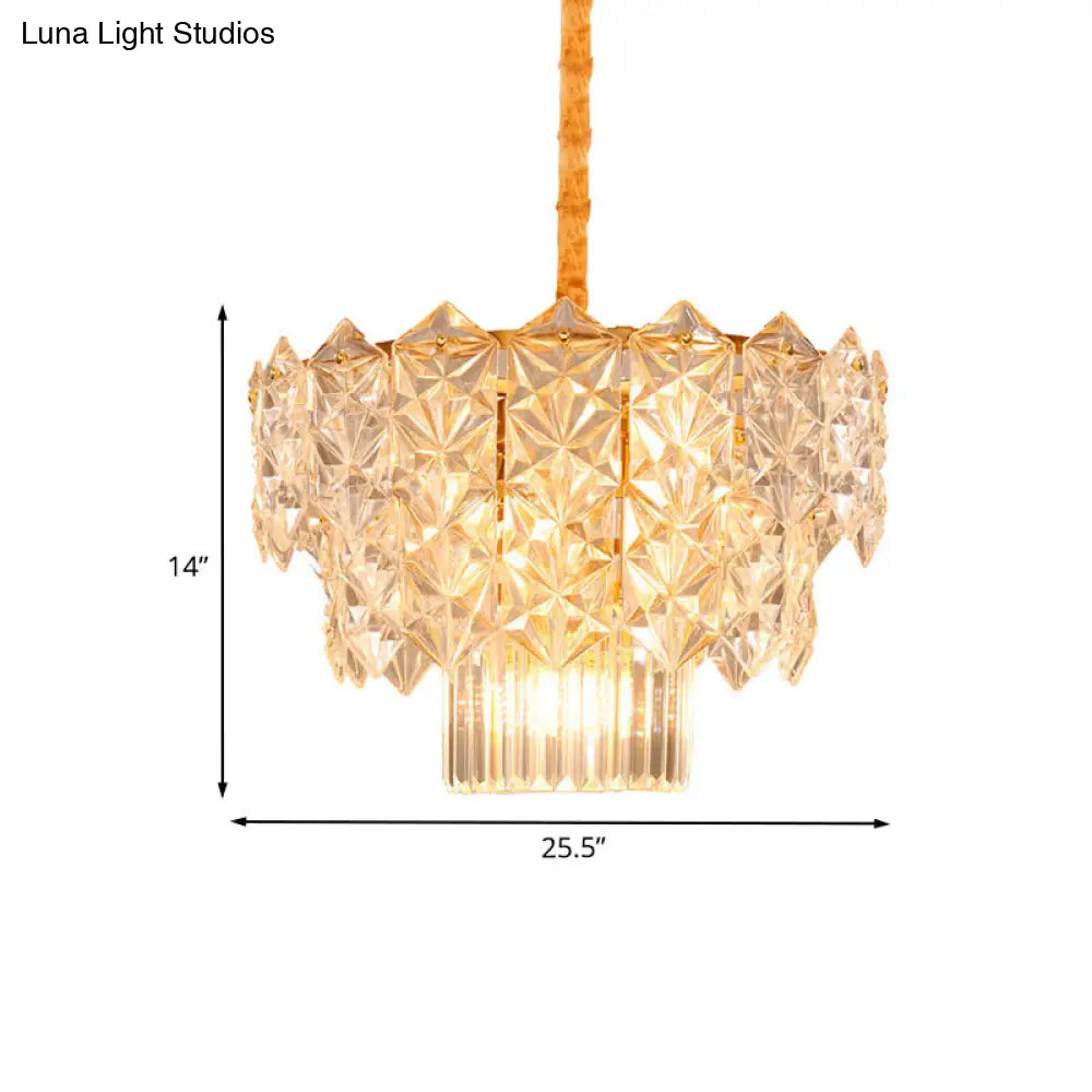 9-Head Crystal Flute Chandelier: Modern Gold Drum Hanging Light Fixture For Dining Room