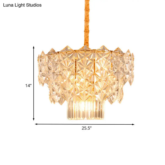 9-Head Crystal Flute Chandelier: Modern Gold Drum Hanging Light Fixture For Dining Room