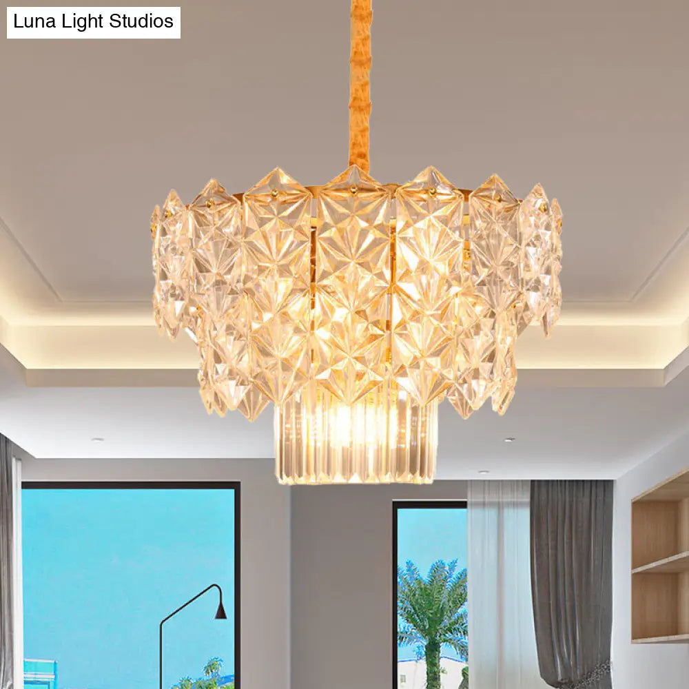 9-Head Crystal Flute Chandelier: Modern Gold Drum Hanging Light Fixture For Dining Room