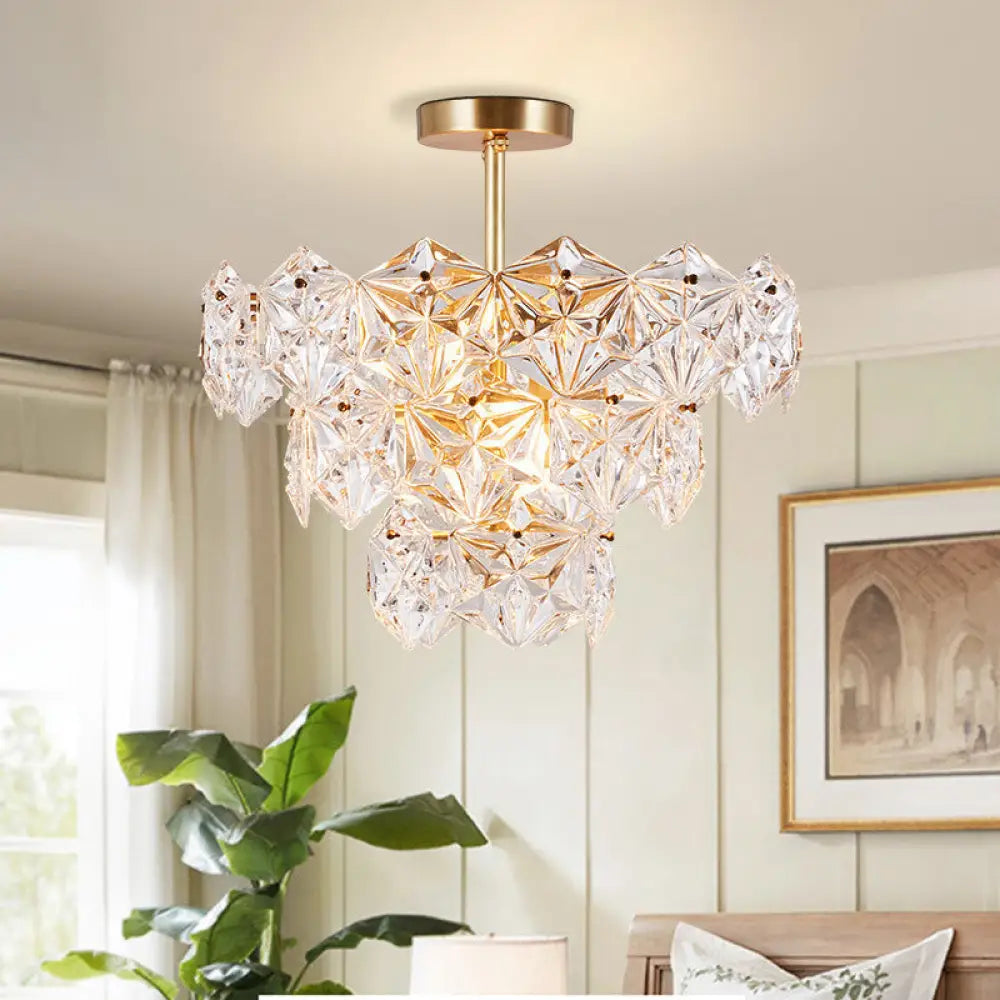 9 Head Traditional Gold Glass Chandelier With Tapered Hexagon Suspension Light