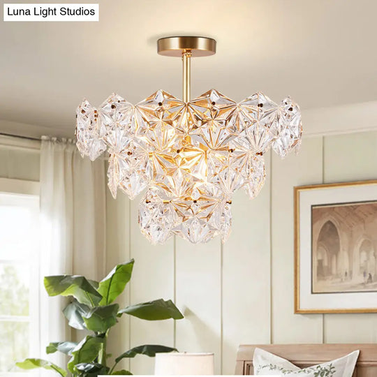 9 Head Traditional Gold Glass Chandelier With Tapered Hexagon Suspension Light