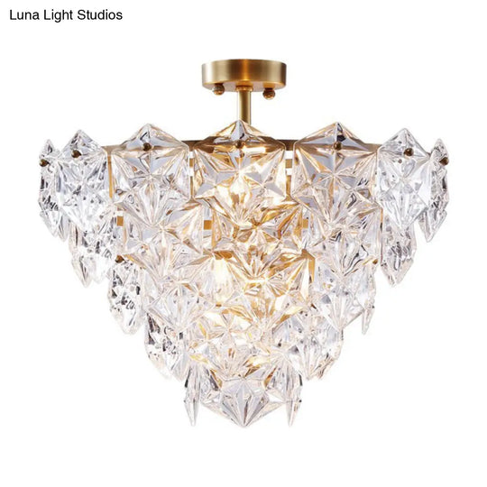 9 Head Traditional Gold Glass Chandelier With Tapered Hexagon Suspension Light