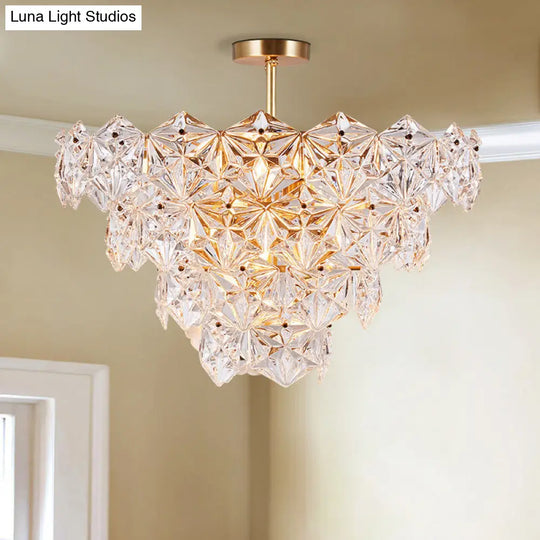 9 Head Traditional Gold Glass Chandelier With Tapered Hexagon Suspension Light