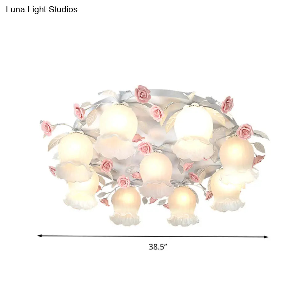 9 - Head White Glass Rose Ceiling Light - Countryside Flush Mount For Living Room