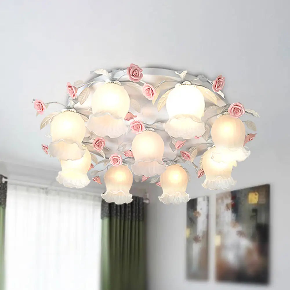 9 - Head White Glass Rose Ceiling Light - Countryside Flush Mount For Living Room