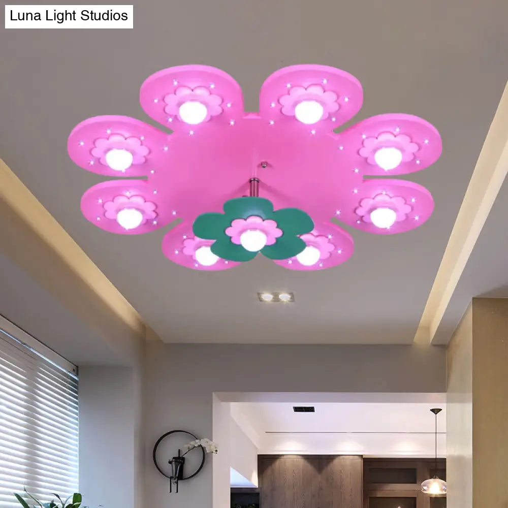 9-Light Flower Flush Mount Kids Wood Ceiling Lamp For Nursing Room And Girl’s Bedroom