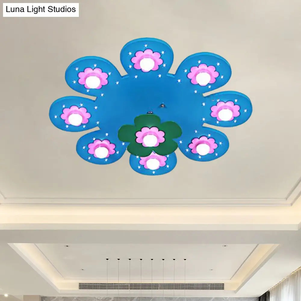 9-Light Flower Flush Mount Kids Wood Ceiling Lamp For Nursing Room And Girls Bedroom