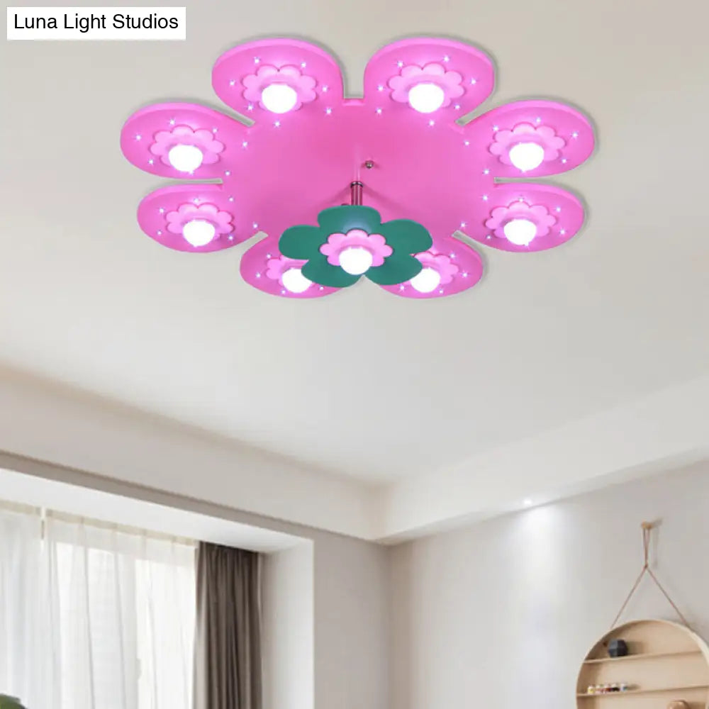 9-Light Flower Flush Mount Kids Wood Ceiling Lamp For Nursing Room And Girls Bedroom Pink