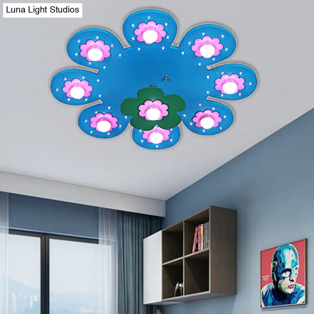9-Light Flower Flush Mount Kids Wood Ceiling Lamp For Nursing Room And Girls Bedroom Blue