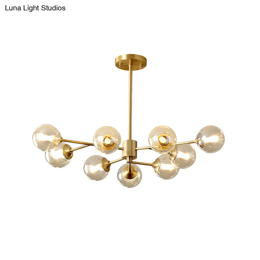 9-Light Modern Brass Finish Chandelier With Clear Glass Shade - Stylish Ceiling Lamp For Living Room