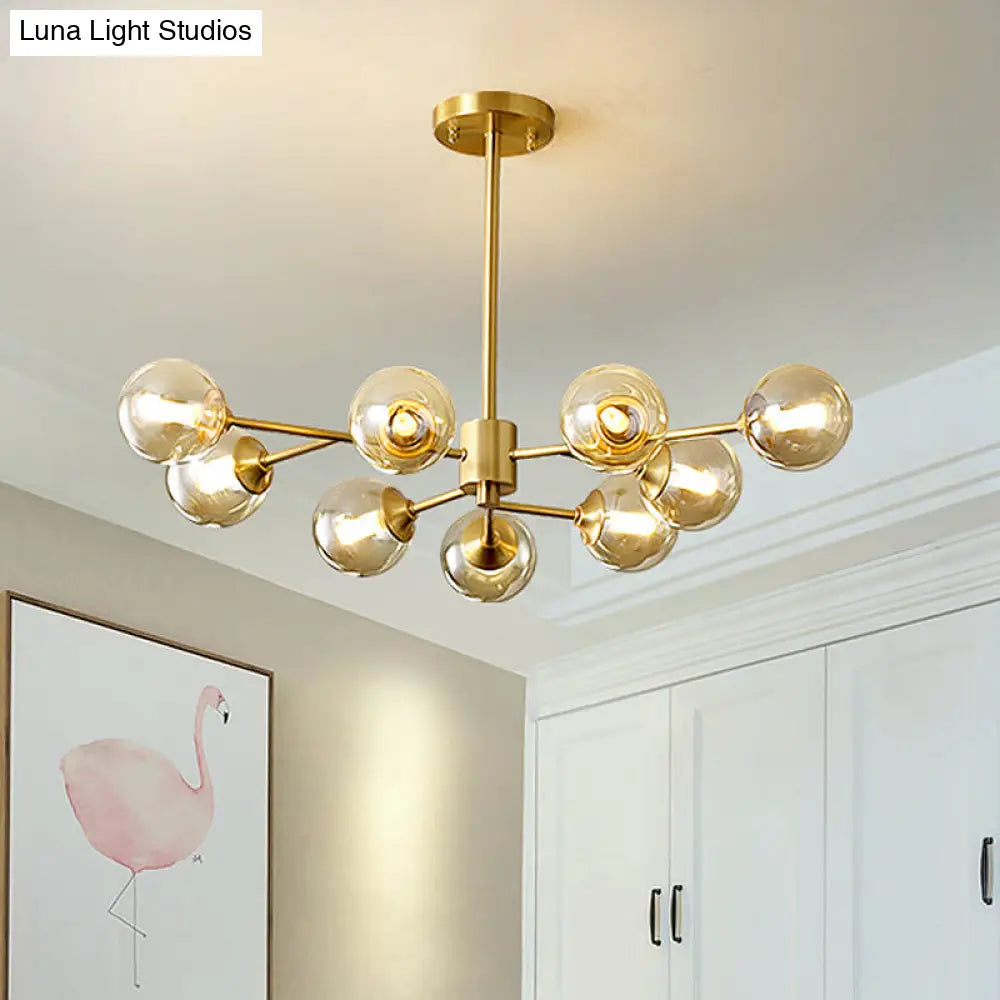 9-Light Modern Brass Finish Chandelier With Clear Glass Shade - Stylish Ceiling Lamp For Living Room