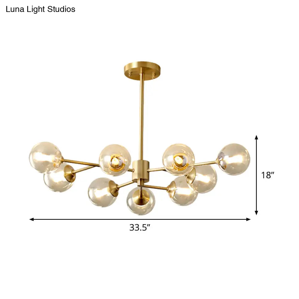 9-Light Modern Brass Finish Chandelier With Clear Glass Shade - Stylish Ceiling Lamp For Living Room