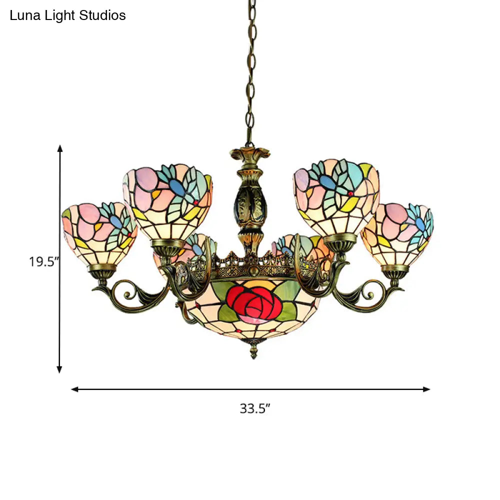 9-Light Tiffany Style Stained Glass Rose Chandelier Pendant Lamp - Red And Blue Bedroom Lighting