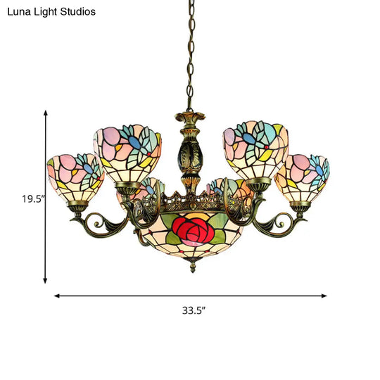 9-Light Tiffany Style Stained Glass Rose Chandelier Pendant Lamp - Red And Blue Bedroom Lighting