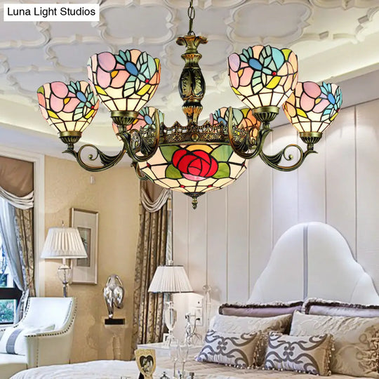 Tiffany Style Stained Glass Pendant Lamp With Rose Design - 9-Light Chandelier For Bedroom