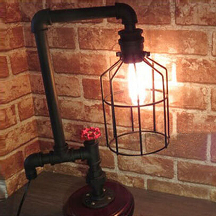 Industrial Birdcage Standing Table Light With Pipe And Valve - Black Metal Lamp 1