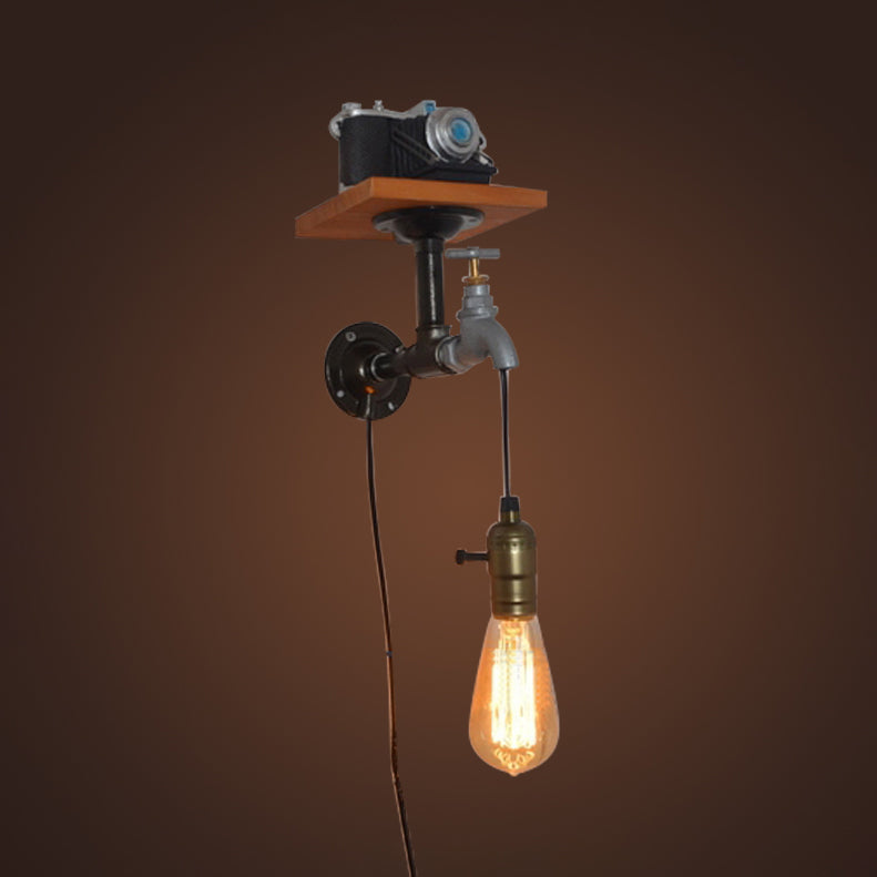 Industrial Water Tap Wall Light With Camera Deco - Black Metal Sconce
