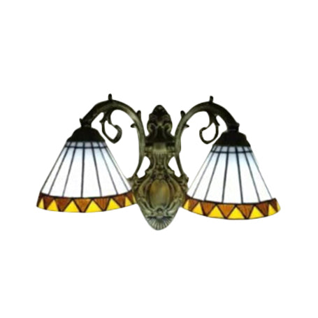 White Glass Cone Wall Sconce With Curved Arm - 2-Light Tiffany Lighting In Brass