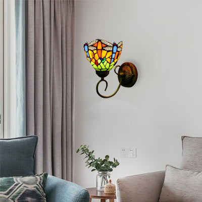 Dragonfly Stained Glass Wall Lamp - Loft Style 1-Light Fixture For Bedroom Brass