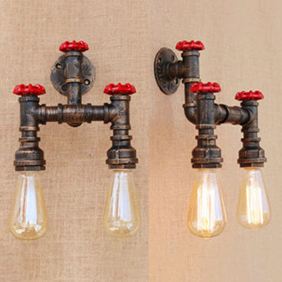 Industrial Pipe Wall Sconce Light With Valve Wheel - Antique Bronze Finish