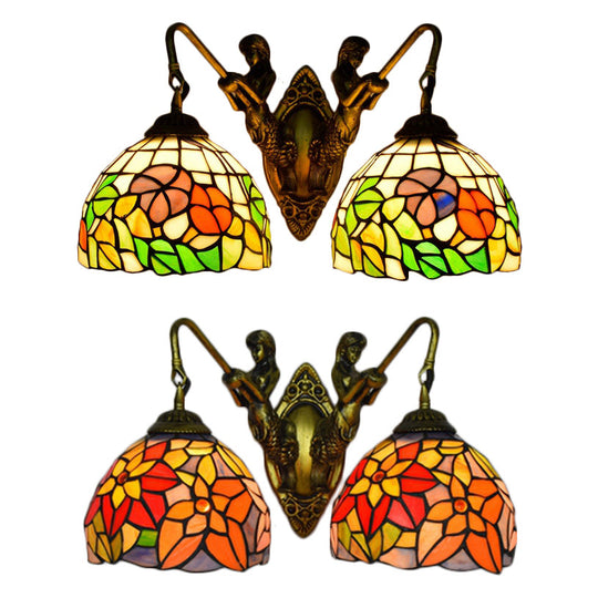 Victorian Glass Wall Mount Sconce Light - 2-Headed Bowl Design Red/Green Ideal For Living Room