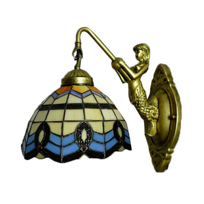 Yellow-Blue Glass Wall Sconce With Mermaid Decoration