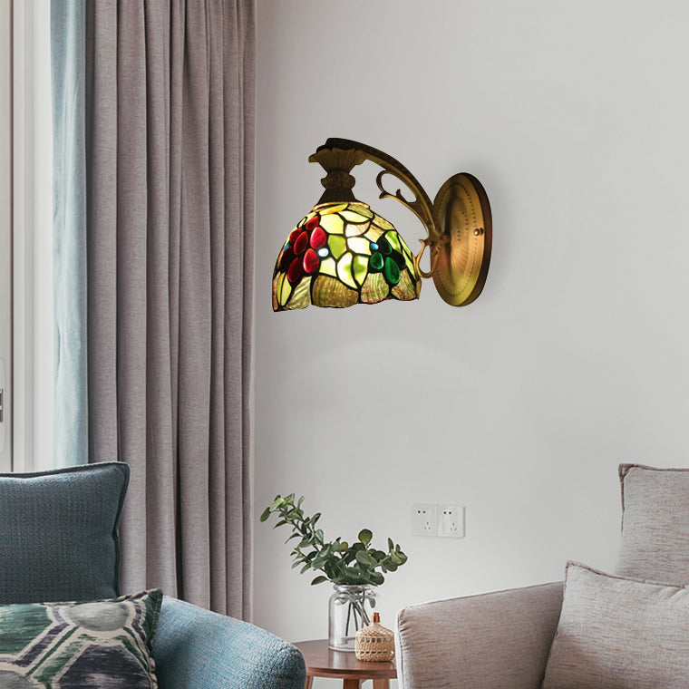 Rustic Tiffany Stained Glass Dome Sconce Wall Mount Light With 1 Brass Bulb