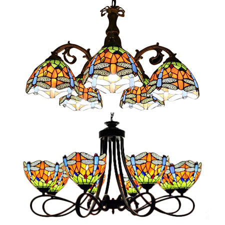 Dragonfly Stained Glass Chandelier - Rustic Lodge Suspension Light For Stairway (5 Or 8 Lights)