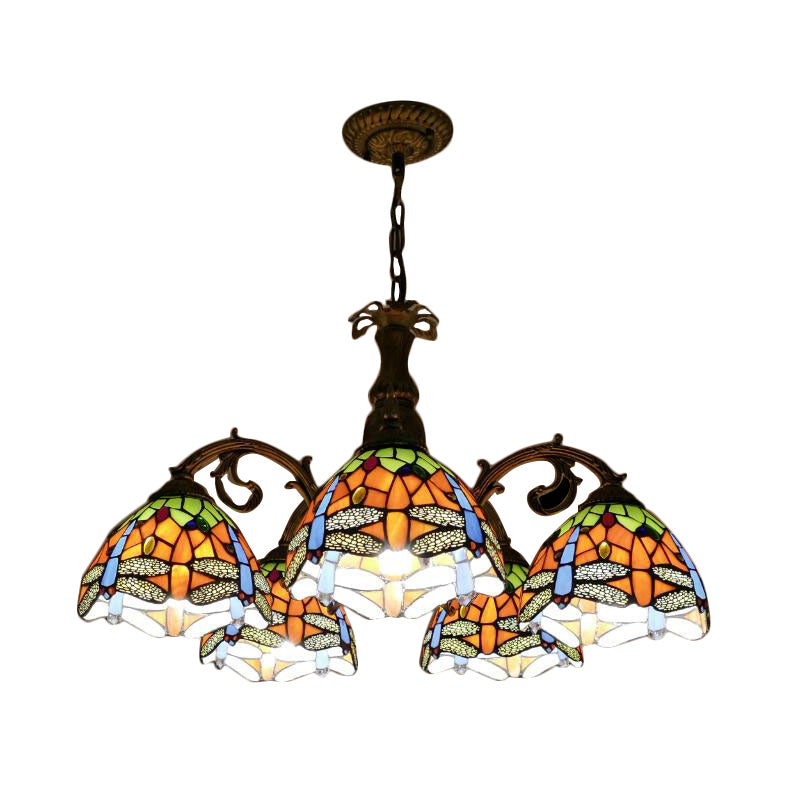 Dragonfly Stained Glass Chandelier - Rustic Lodge Suspension Light For Stairway (5 Or 8 Lights) 5 /