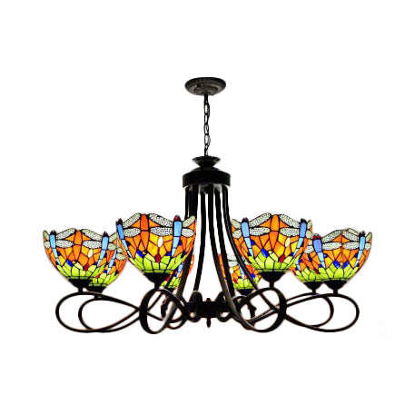 Dragonfly Stained Glass Chandelier - Rustic Lodge Suspension Light For Stairway (5 Or 8 Lights) /