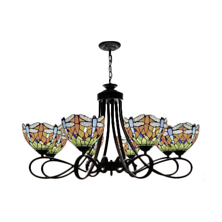 Rustic Lodge Stained Glass Dragonfly Chandelier with 5/8 Suspension Lights: Perfect for Stairways