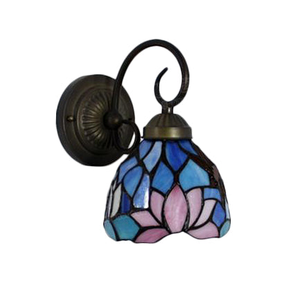 Blue Baroque Lotus Stained Glass Wall Sconce Light With Curved Arm: 1-Head Lighting Fixture