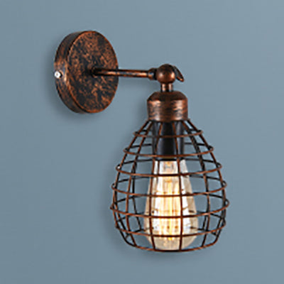 Industrial Rust Finish Wall Lamp With Adjustable Metal Bell Cage Shade - 1 Light Sconce Lighting For