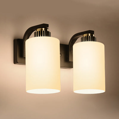 Modern 2-Light Frosted Glass Black Wall Sconce For Bedroom White