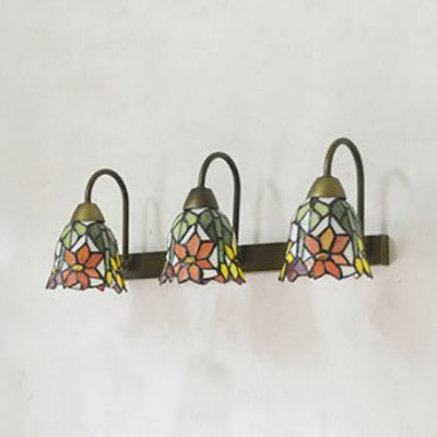 Tiffany Multicolor Stained Glass Sconce Light Fixture With 3 Bell-Shaped Heads In Pink/Purple/Orange