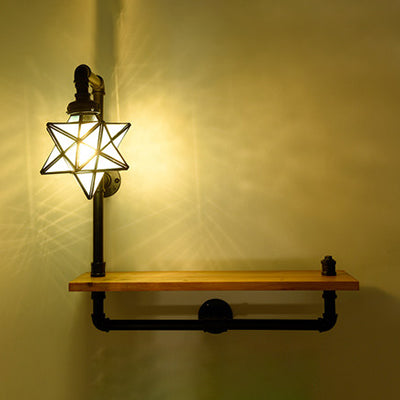 Rustic Vintage Blue Glass Star Wall Light Sconce With Bookshelf - 1 Lamp