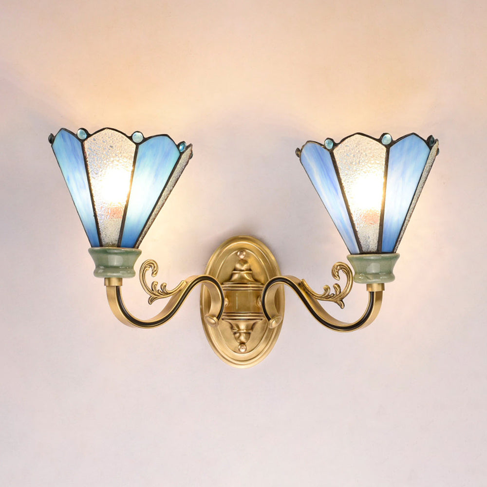 Vintage Tiffany Stained Glass Double Wall Lamp - Conic Sconce In Gold Blue