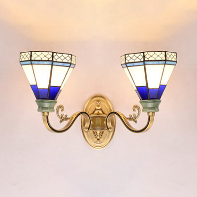 Tiffany Wall Lamp With Stained Glass Cone Shade - 2-Light Foyer Lighting Dark Blue
