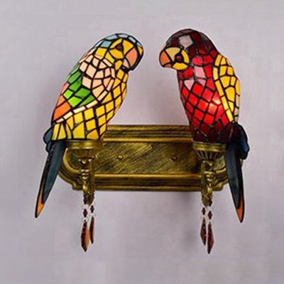 Rustic Lodge Stained Glass Parrots Double Wall Sconce - Indoor Corridor Lighting