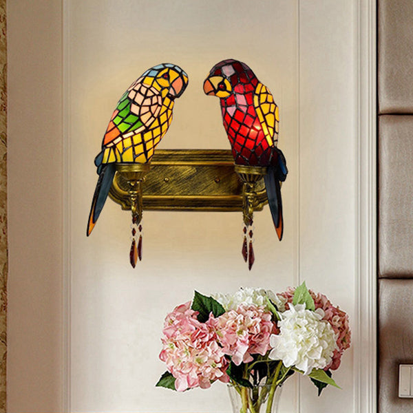 Rustic Lodge Stained Glass Parrots Double Wall Sconce - Indoor Corridor Lighting Brass
